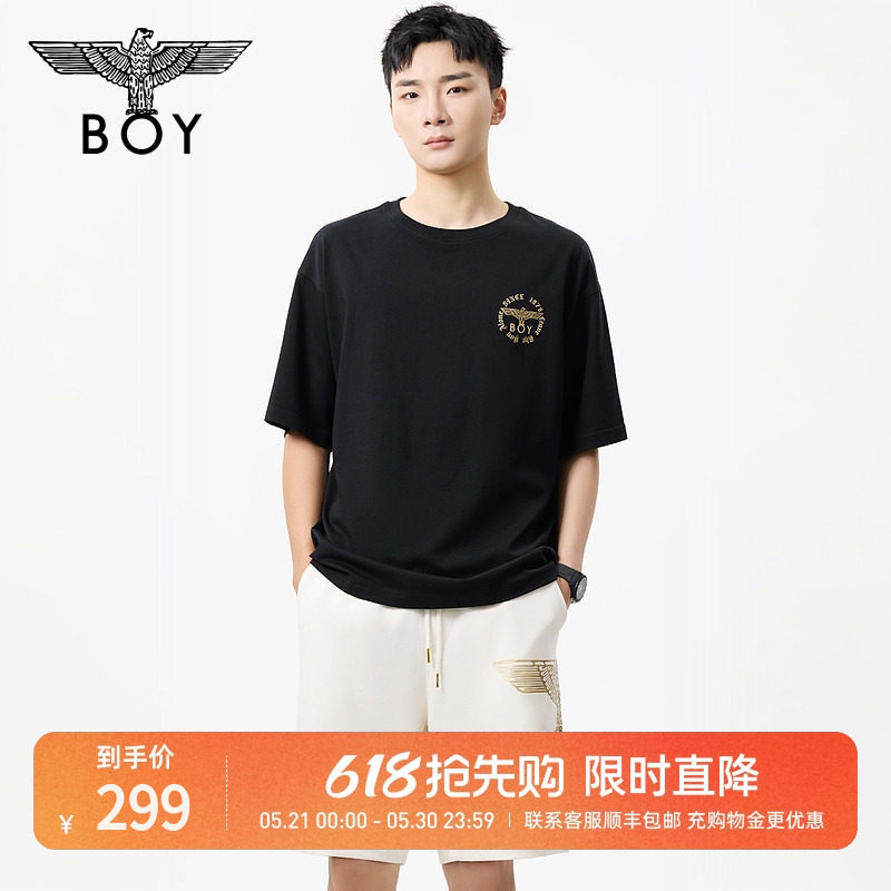 BOYLONDON鹰羽生辉休闲百搭黑色圆领T恤夏季男女同款短袖N
