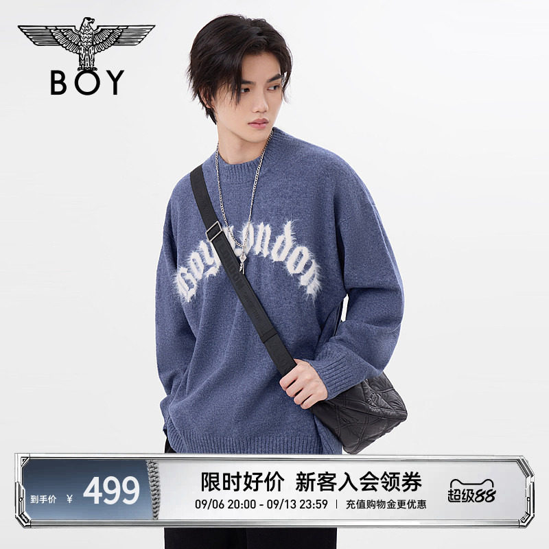 BOYLONDON秋男女同款提花宽松保暖蓝色休闲针织套头毛衣N60017