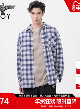 BOYLONDON春季英伦风中性百搭简约宽松格子衬衫长袖外套N21802