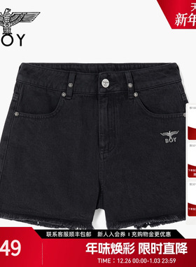 BOYLONDON时尚潮牌黑色百搭纯棉毛边热裤夏季女款牛仔短裤W53003