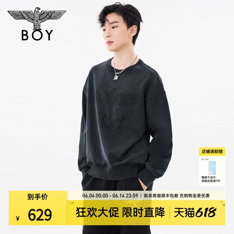 BOYLONDON春季男女同款长袖上衣复古休闲潮牌圆领套头卫衣N03068