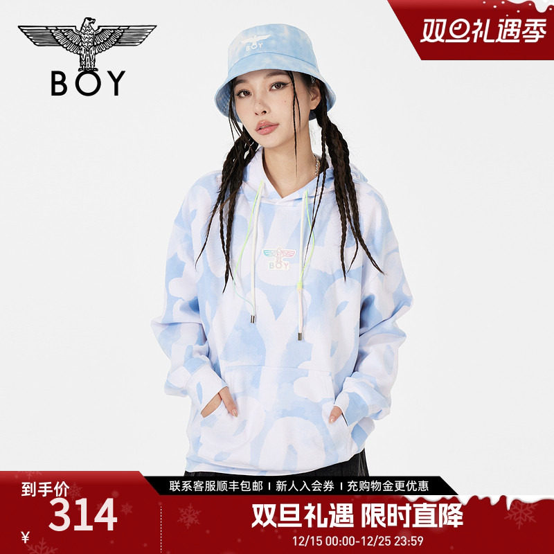BOYLONDON春季情侣装潮牌街头潮酷宽松满印连帽套头卫衣N0