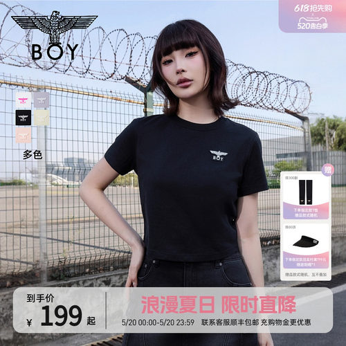 BOYLONDON夏季潮牌女短款简约小圆领短袖2026年百搭活力T恤W01926