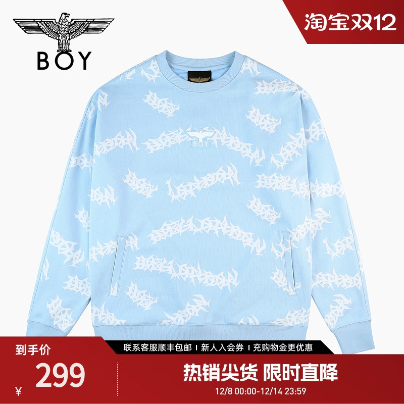 BOYLONDON秋季情侣款长袖潮牌满印刺绣宽松圆领套头卫衣N03005