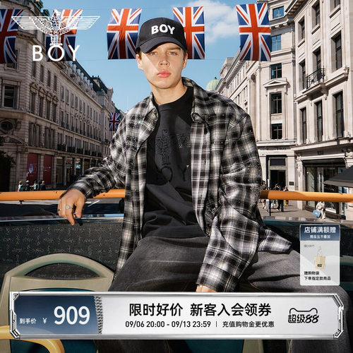 BOYLONDON复古黑白格子潮牌烫钻休闲秋季男女同款长袖衬衫N21038