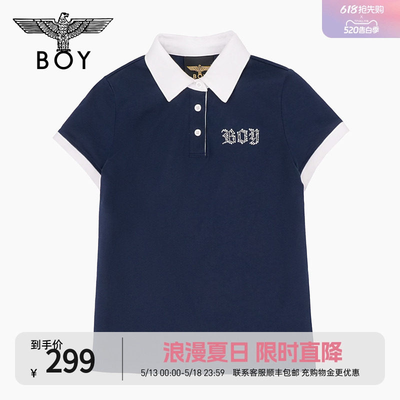 BOYLONDON时尚女款夏季T恤英伦风鹰标刺绣针织短袖POLO