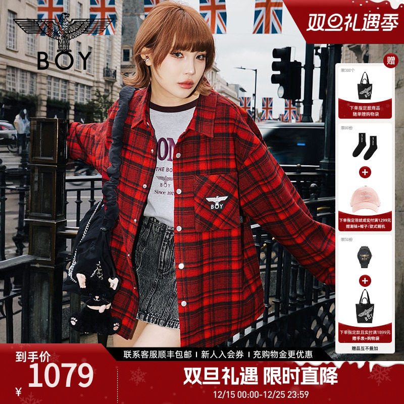 BOYLONDON情侣衬衫2025年春新款潮流格纹绣花翻领上衣长