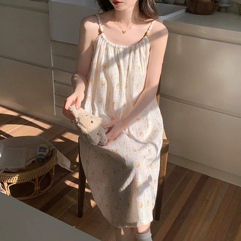 新款100%纯棉纱布吊带睡裙女夏季甜美可爱印花中长款睡衣裙家居服