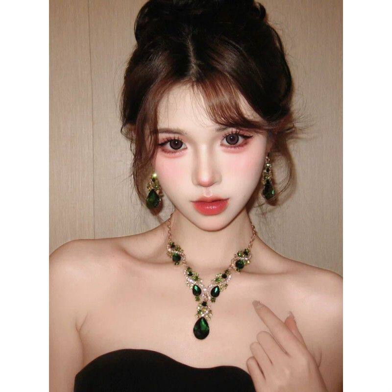 贵气镶钻绿色宝石项链耳环套装女轻奢高级感晚礼服配饰耳饰锁骨链