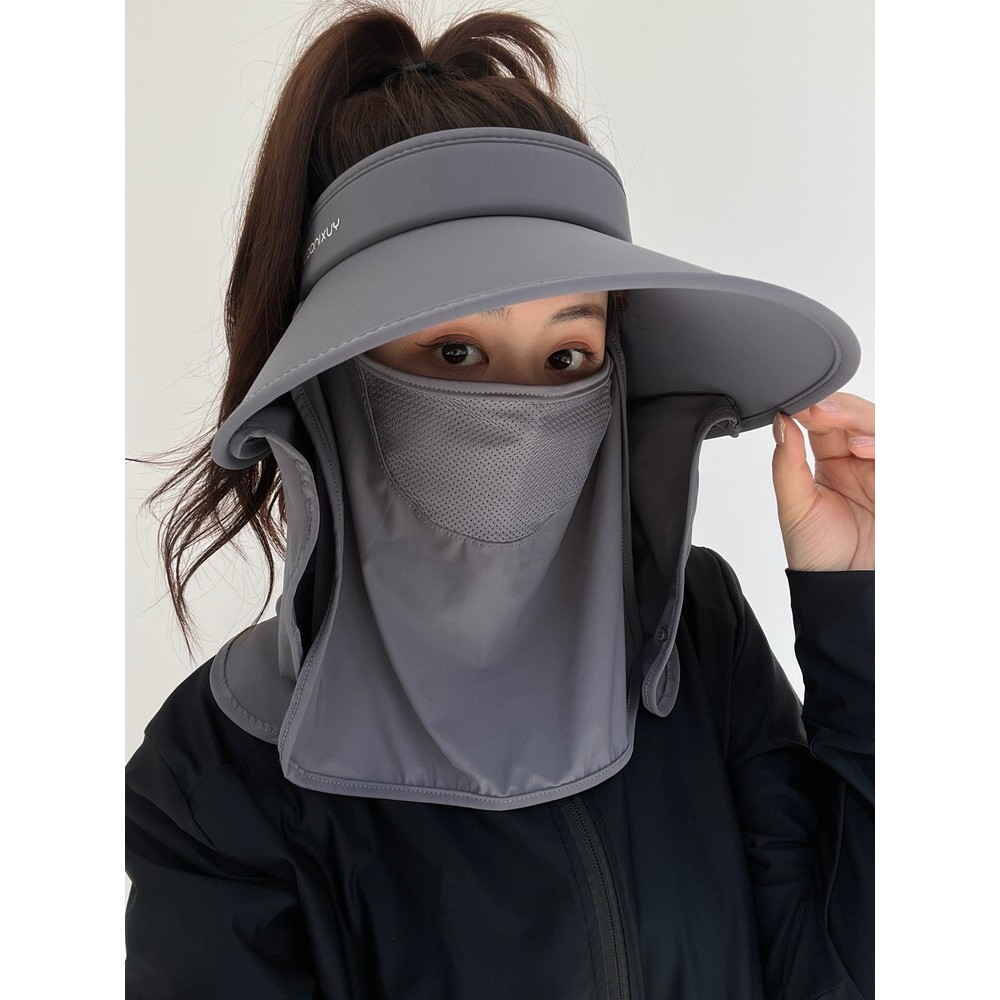 女式冰丝遮阳大帽簷 可调节休闲风格防晒帽 骑车用护颈口罩一体设