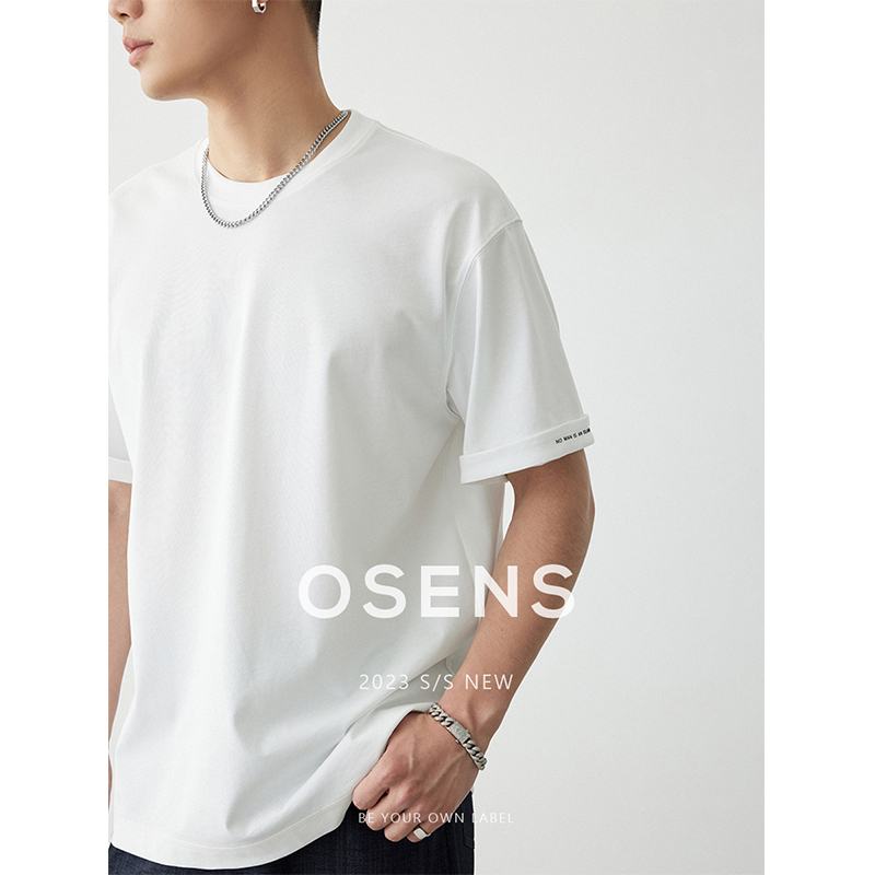 OSENS100%棉强捻纱线织造设计师服饰微弹字母印花夏男士短袖t恤