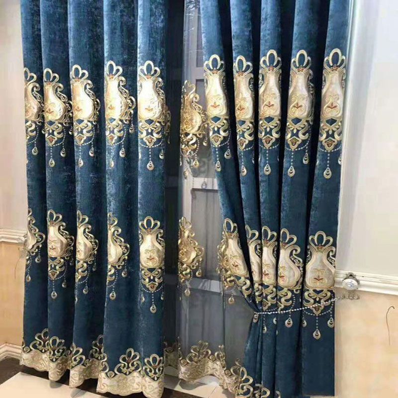 欧式轻奢窗帘定制成品落地窗整套雪尼尔绣花客厅阳台对开双层遮光