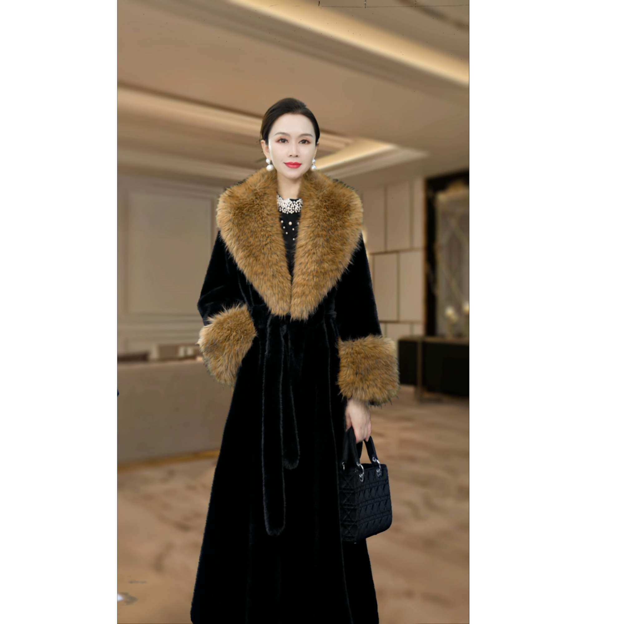 【洛十七】气质秋冬新款黑色小狐毛黄毛领领毛外套(衣长125/110)