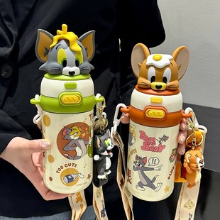 猫和老鼠卡通保温杯儿童学生上学便携吸管水杯高颜值可爱情侣杯子