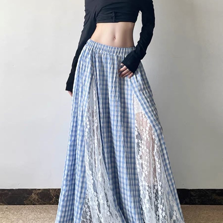 蕾絲拼接藍色長裙格子別