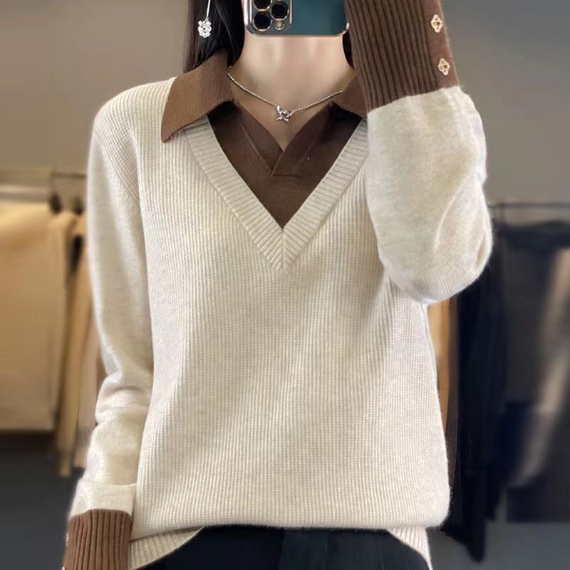 秋天大码女装领假两件针织衫秋冬毛衣女休闲打底衫宽松外穿上衣