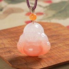 新款粉色渐变桃花酿玉石弥勒佛吊坠精美玉坠大肚佛项链女款时尚款