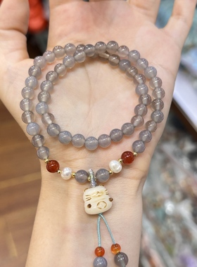 烟紫色玉髓菩提招财猫女款手串
