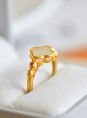 银镶和田玉四叶草戒指女生小众款