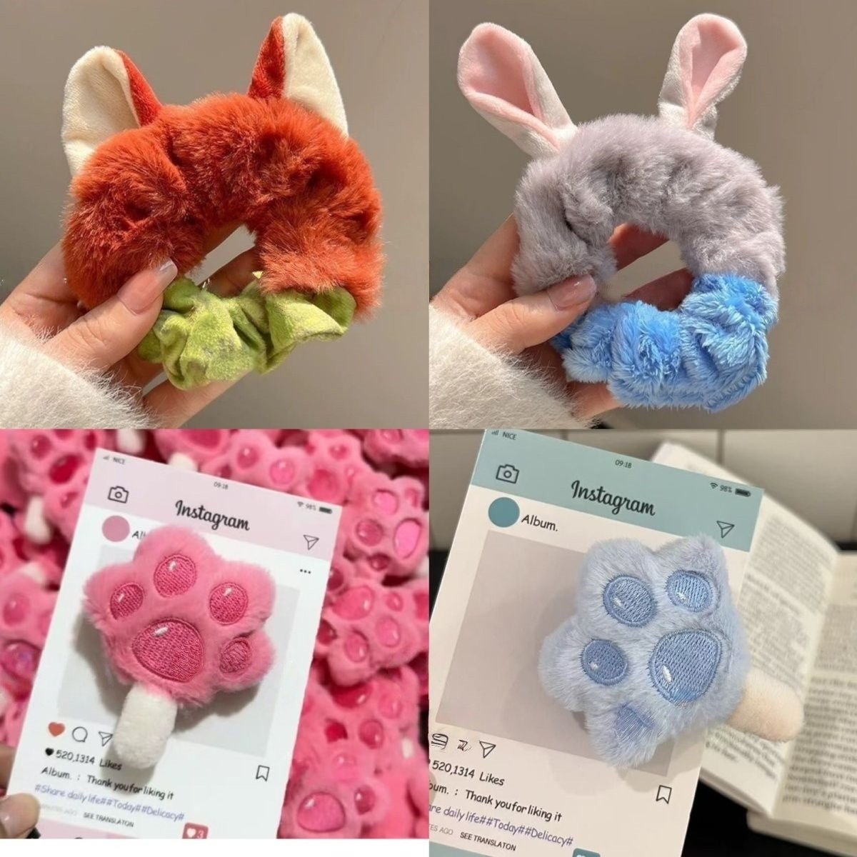 疯狂动物城可爱爪爪冰棍发夹卡通狐狸尼克朱迪毛绒发圈粉色猫爪夹