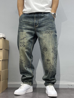 做旧水洗磨烂印花牛仔裤男