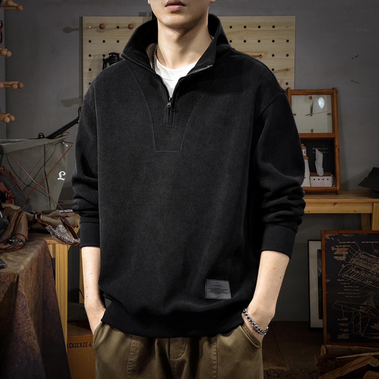 半拉链立领男士加绒卫衣