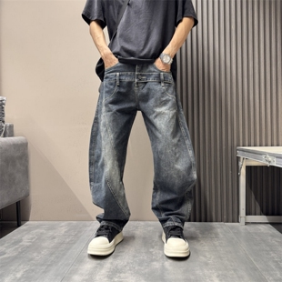 水洗宽松直筒牛仔裤 男士 老爹裤 拼接设计感弯刀休闲裤 2026春秋新款
