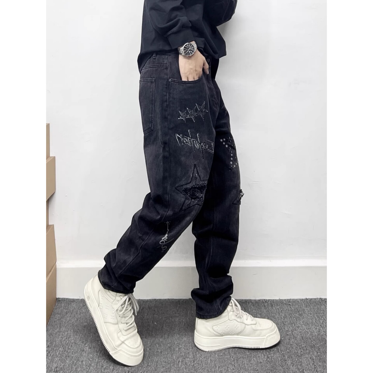 美式复古做旧微锥牛仔裤男烫钻印花设计感直筒裤潮牌痞帅休闲裤子