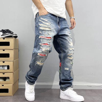 破洞补丁潮牌牛仔裤男