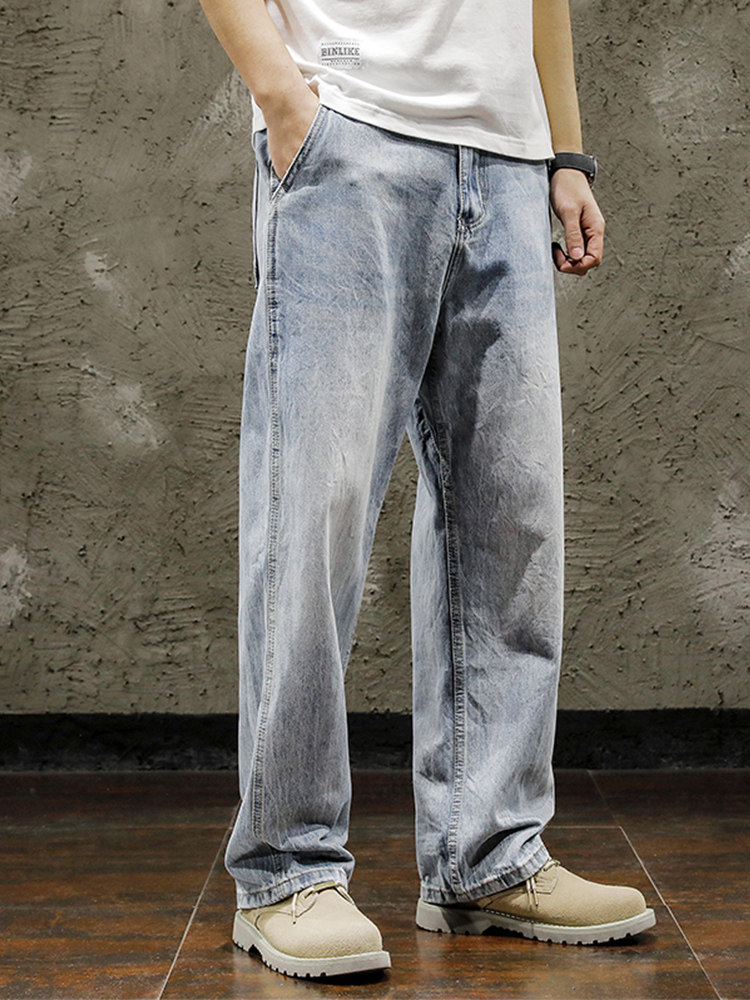 日系潮牌浅蓝色水洗牛仔裤男直筒宽松春秋季新款高端拖地阔腿裤子
