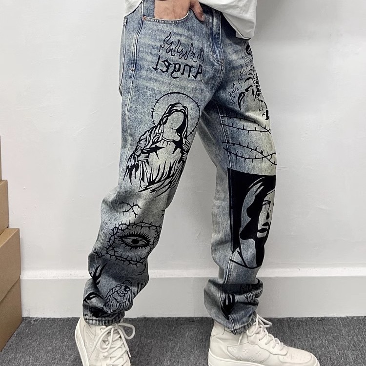 高级感复古蓝微垮涂鸦印花牛仔裤