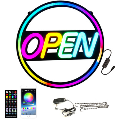 新款全彩OPEN SIGN遥控APP蓝牙控制七彩跑马灯牌OPEN霓虹灯广告牌