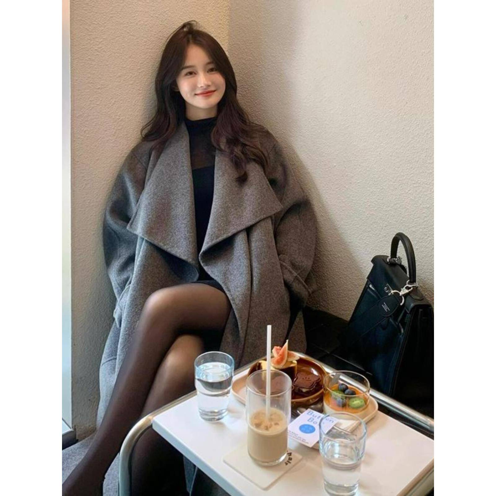双面呢羊绒大衣女2025春秋新款灰色大翻领慵懒中长款绵羊毛呢外套