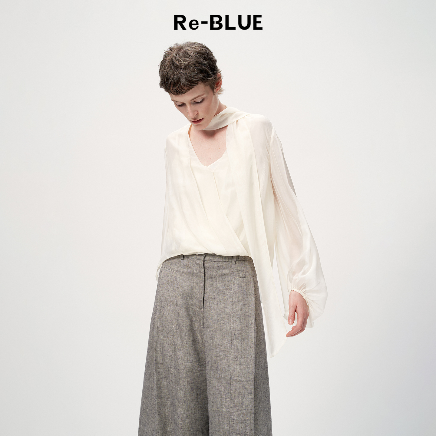 Re-BLUE式精致气质飘带薄纱上衣