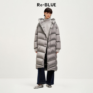 Re-BLUE轻奢优雅女装简约时髦白鹅绒连帽中长款茧型羽绒服