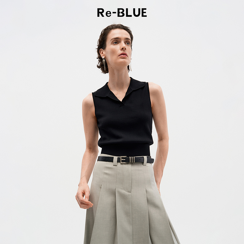 百搭无袖翻领polo针织上衣背心