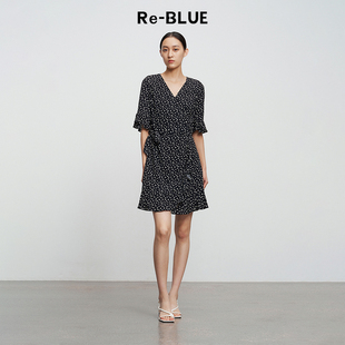 茶歇围裹v领波点连衣裙 法式 BLUE轻奢优雅女装