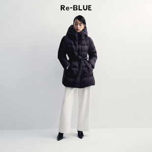 白鹅绒羽绒服外套 复古立领连帽一手长系带款 BLUE轻奢优雅女装