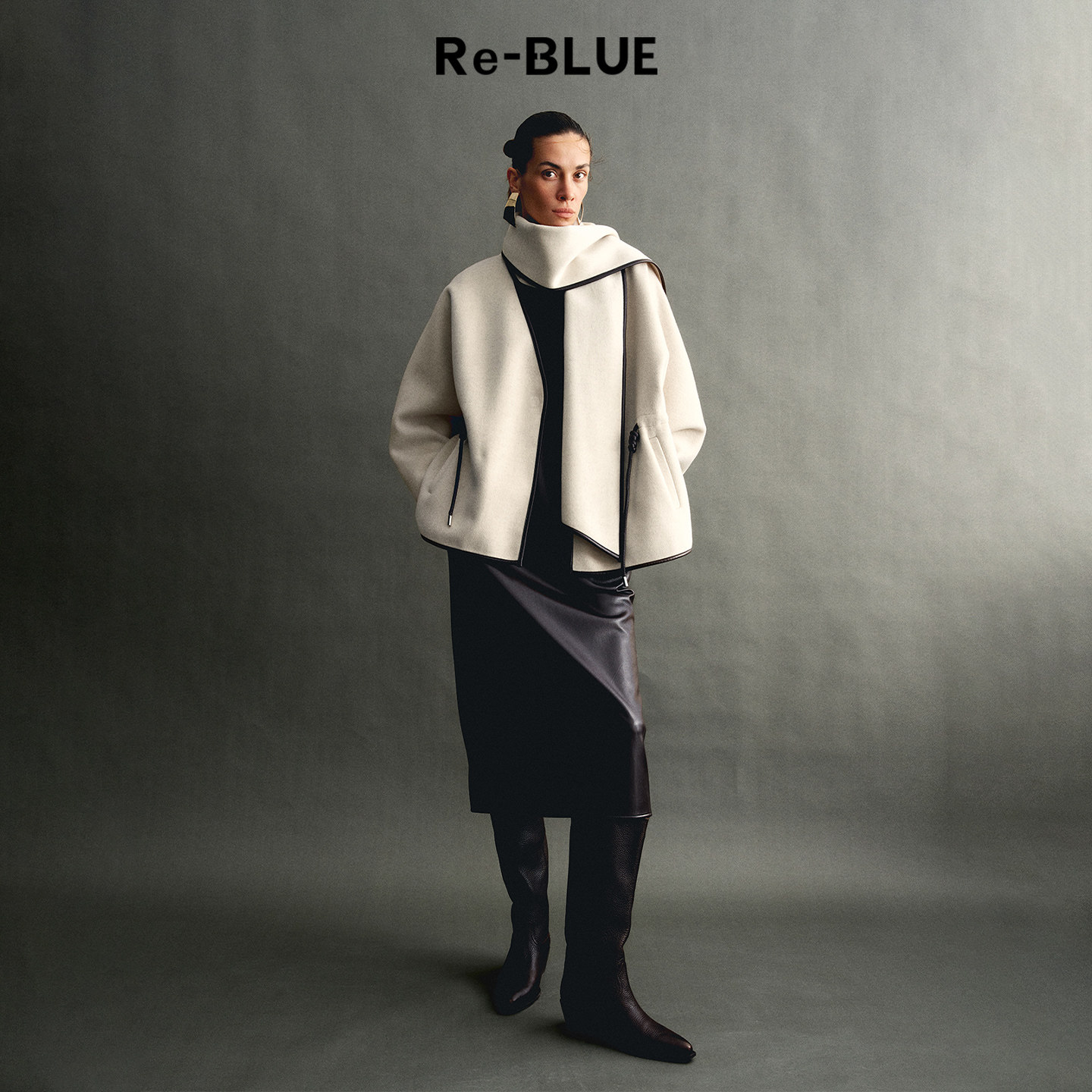 【蓝盈莹同款】Re-BLUE轻奢优雅女装复古知性围巾羊毛双面呢大衣