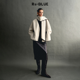 BLUE轻奢优雅女装 复古知性围巾羊毛双面呢大衣 蓝盈莹同款