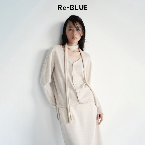 Re-BLUE简约围巾款针织开衫外套