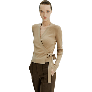 Re-BLUE轻奢优雅女装气质知性轻熟针织系带修身高弹V领羊绒打底衫