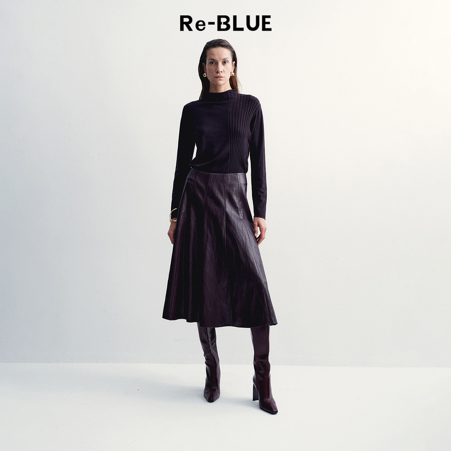 Re-BLUE复古通勤A摆皮质半身裙