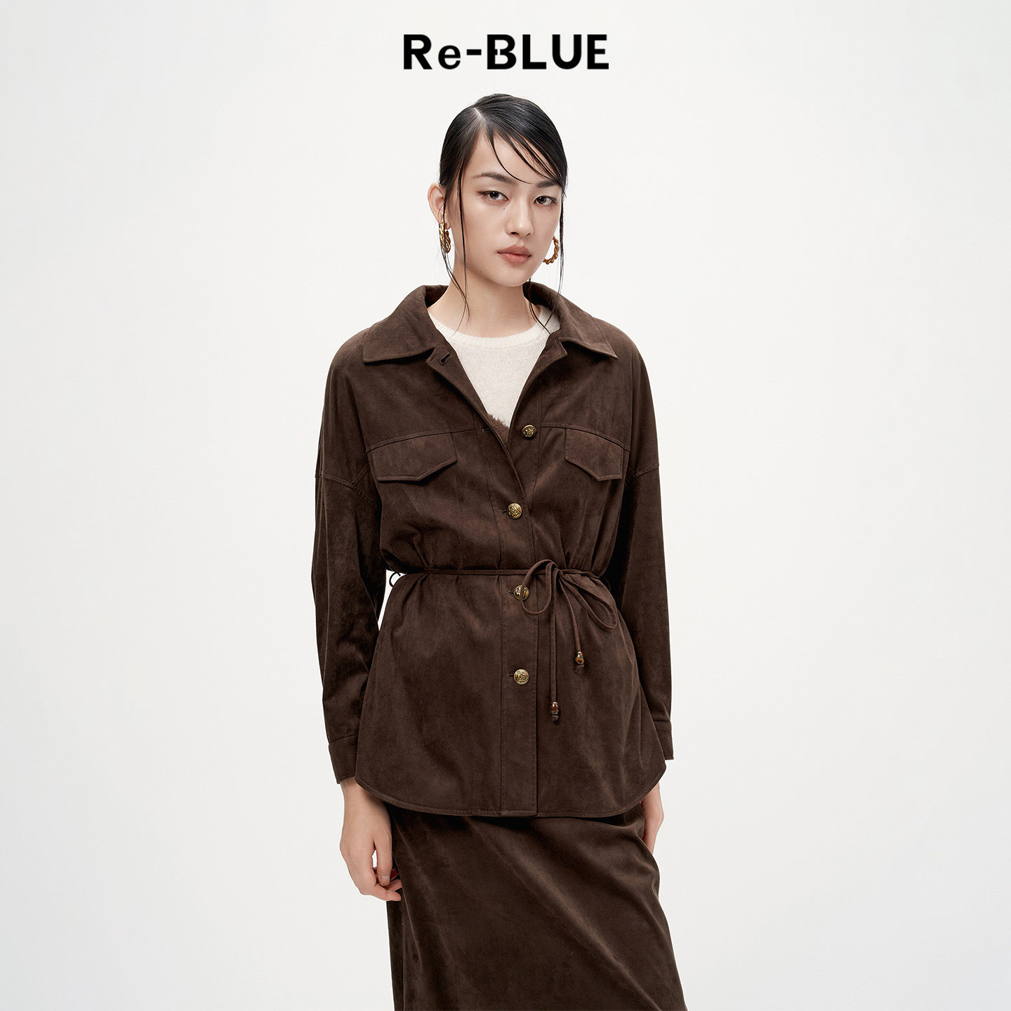 Re-BLUE轻奢优雅女装复古摩登翻领一手长衬衫式系带上衣外套
