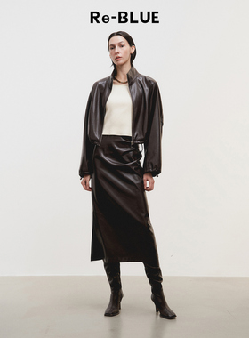 【黄梦莹同款】Re-BLUE轻奢优雅女装都市摩登立领PU皮夹克短外套