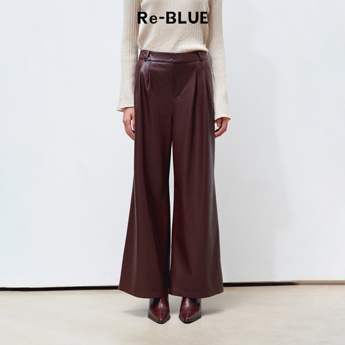 Re-BLUE复古摩登PU皮革阔腿裤