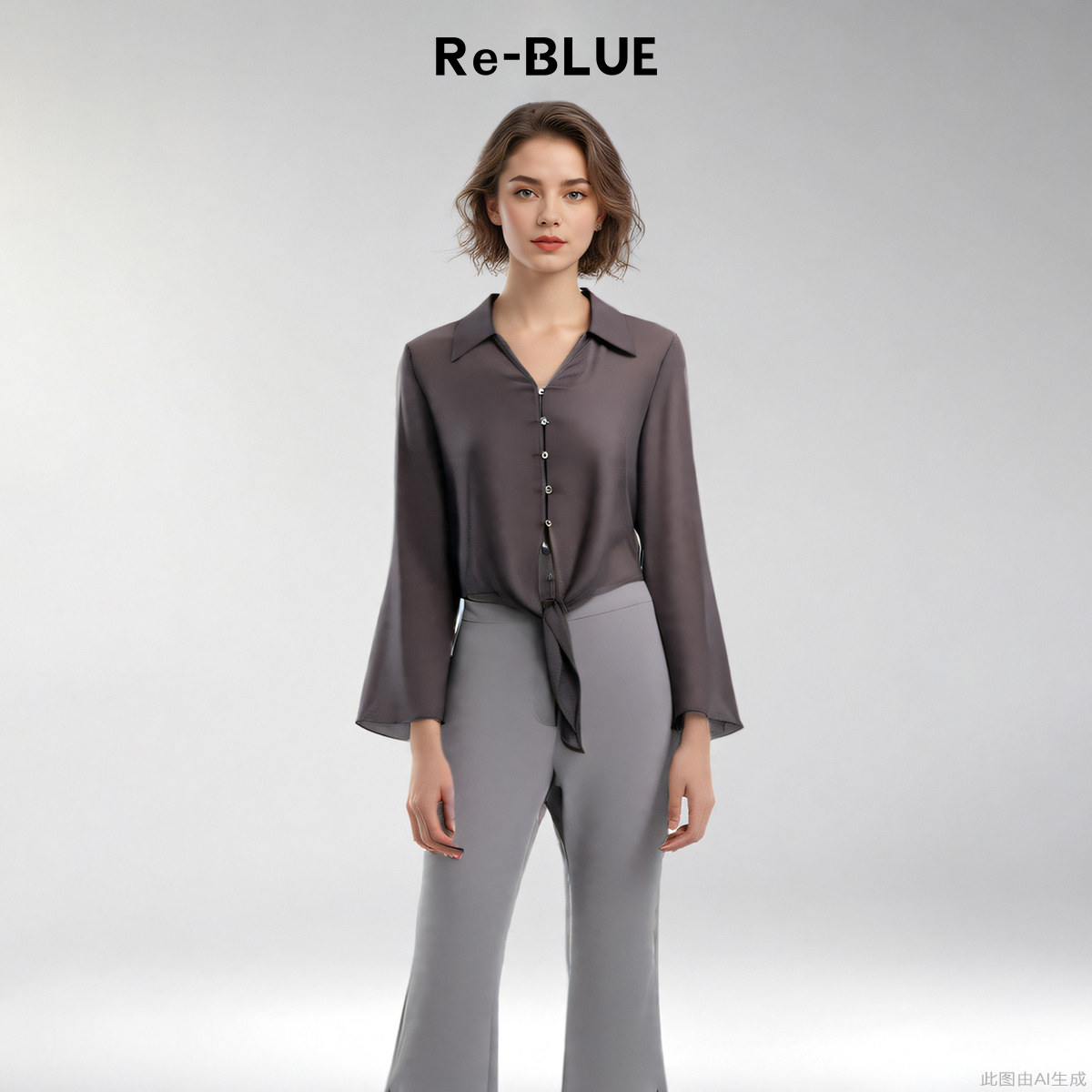 Re-BLUE轻奢优雅女装都市简约翻领系带排扣衬衫上衣
