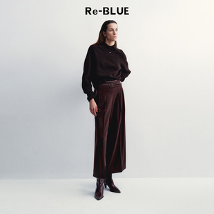 气质通勤高腰裤 复古宽松羊毛混纺直筒休闲裤 BLUE轻奢优雅女装