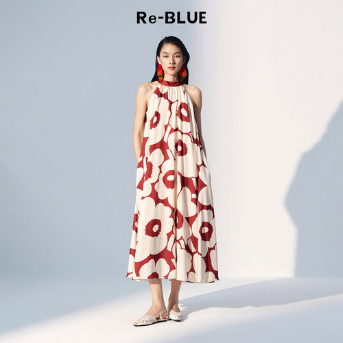 Re-BLUE法式印花挂脖连衣裙