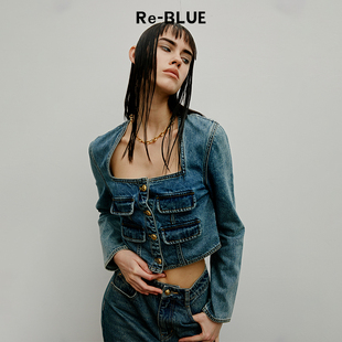 合体复古H型棉弹牛仔短外套 BLUE轻奢优雅女装